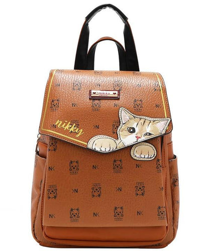 Nicole Lee Cat Eco-Leather Convertible Backpack Bag - Medium Size, Versatile & Sustainable, Cartoon Pattern, Eco-Friendly Material, Convertible Straps, Casual Daypack, Bookbag,Back-To-School,Labor Day