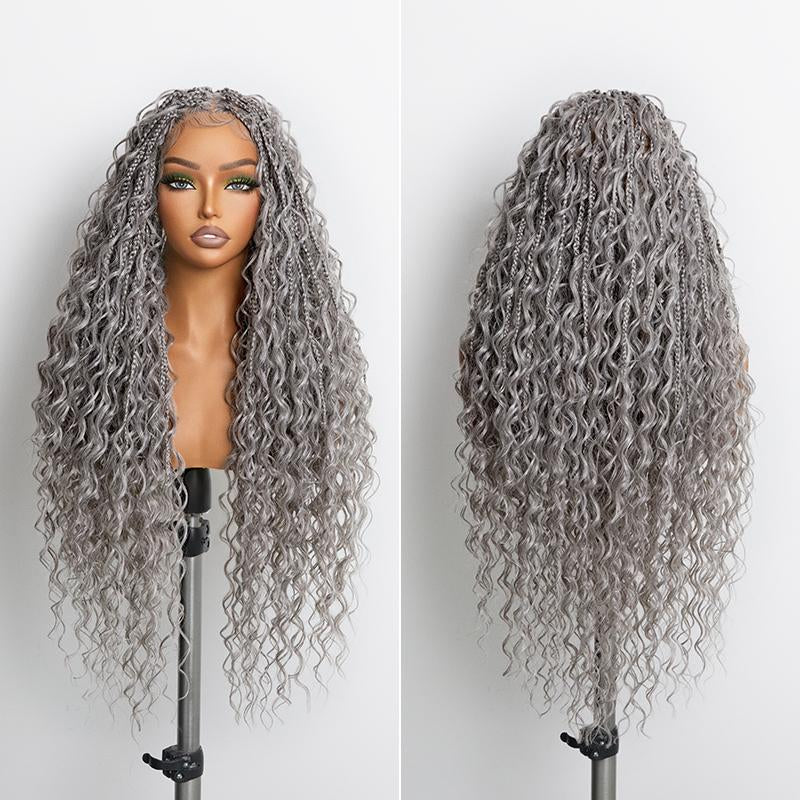 Frodio Veralux™ Fiber 30" Full Lace Boho Braid Synthetic Box Braid Wig – Grid-Part Top with Mixed Boho Curls