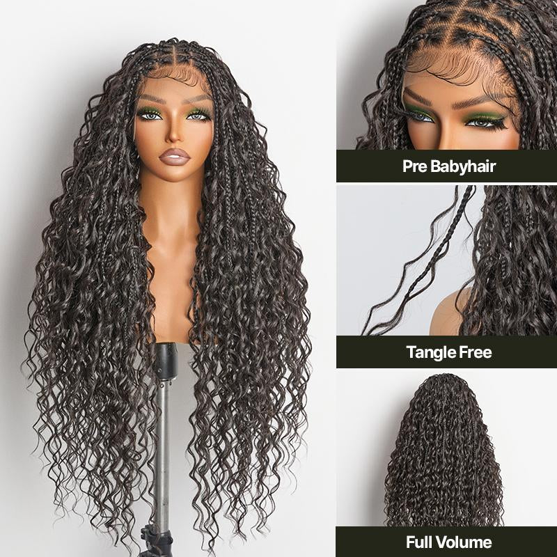 Frodio Veralux™ Fiber 30" Full Lace Boho Braid Synthetic Box Braid Wig – Grid-Part Top with Mixed Boho Curls