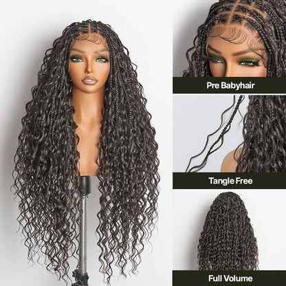 Frodio Veralux™ Fiber 30" Full Lace Boho Braid Synthetic Box Braid Wig – Grid-Part Top with Mixed Boho Curls