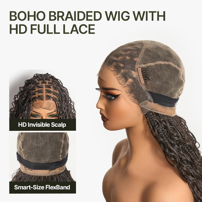 Frodio Veralux™ Fiber 30" Full Lace Boho Braid Synthetic Box Braid Wig – Grid-Part Top with Mixed Boho Curls