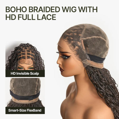 Frodio Veralux™ Fiber 30" Full Lace Boho Braid Synthetic Box Braid Wig – Grid-Part Top with Mixed Boho Curls