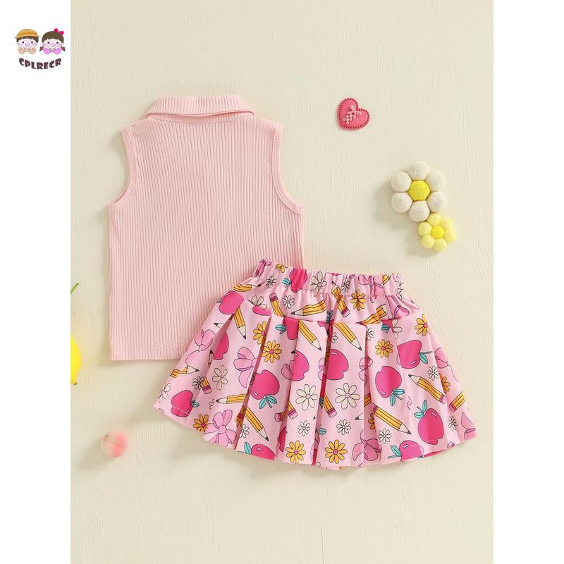 Kids Girl Back to School Outfit Apple Embroidery Lapel Tank Tops and Pleated Skirt Set for Toddler Summer Clothes