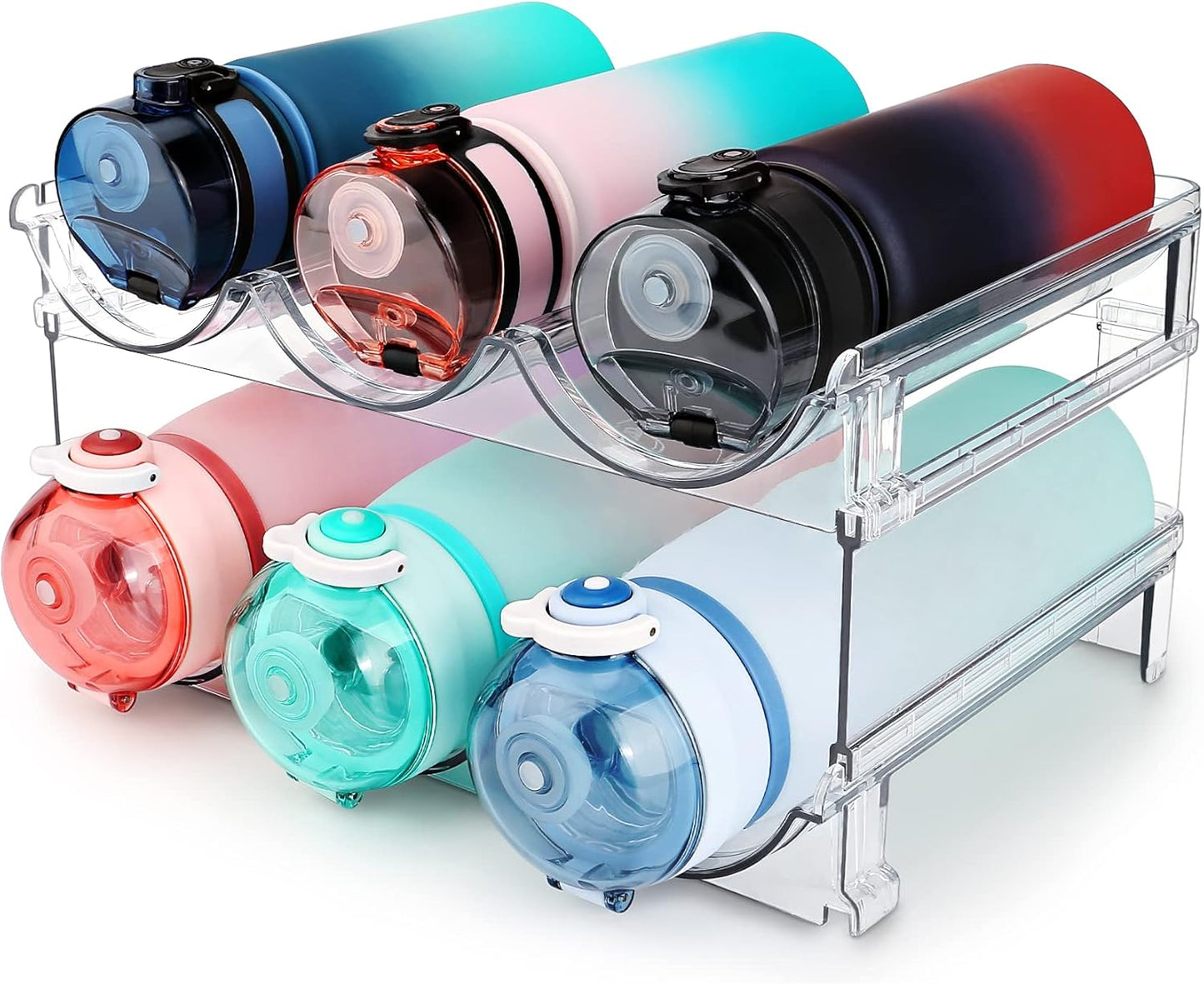 Efficient Water Bottle Organizer - Space-Saving Rack for Cabinets - 2 Pack Clear Lucite Storage Solution