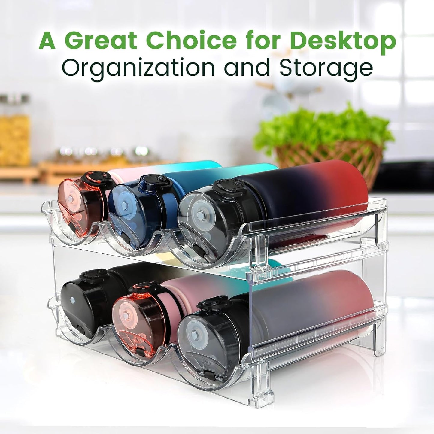 Efficient Water Bottle Organizer - Space-Saving Rack for Cabinets - 2 Pack Clear Lucite Storage Solution