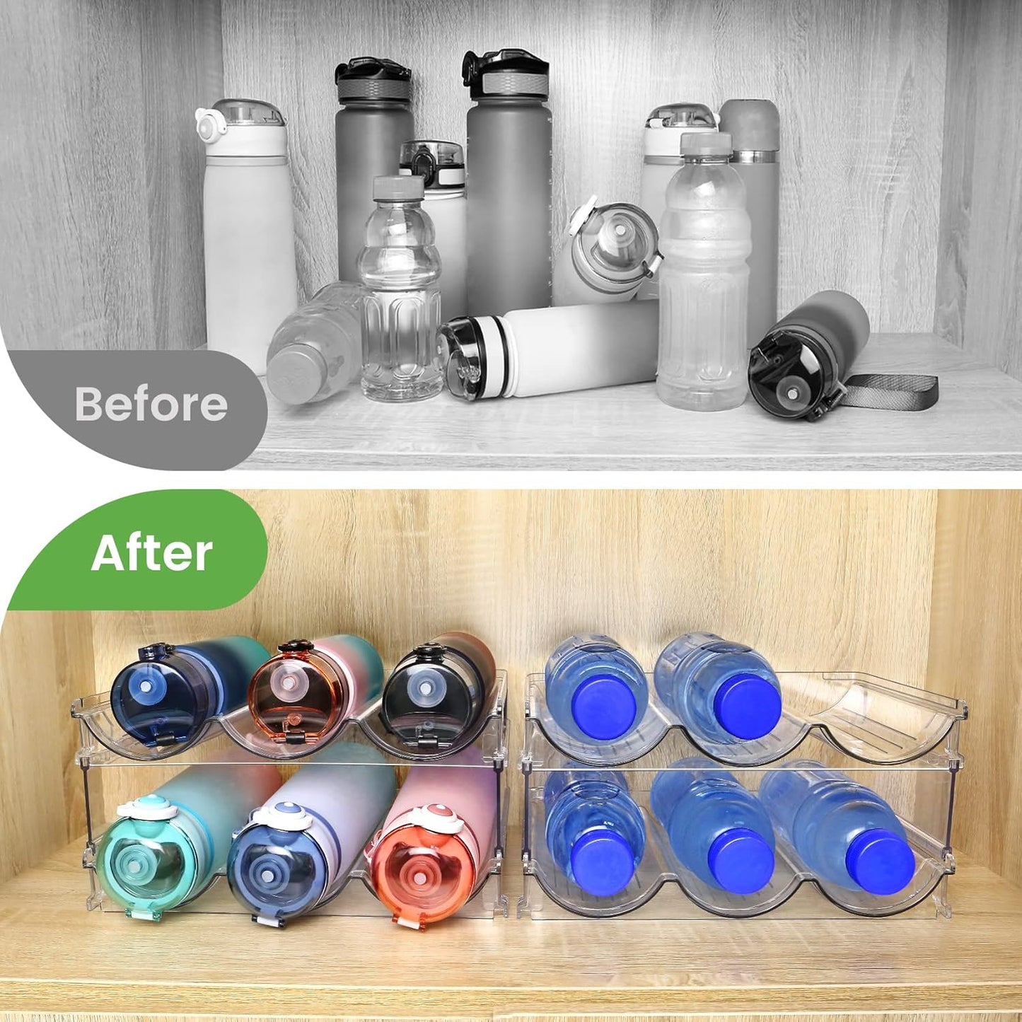 Efficient Water Bottle Organizer - Space-Saving Rack for Cabinets - 2 Pack Clear Lucite Storage Solution