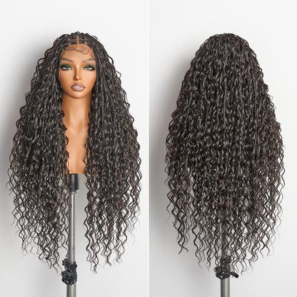 Frodio Veralux™ Fiber 30" Full Lace Boho Braid Synthetic Box Braid Wig – Grid-Part Top with Mixed Boho Curls