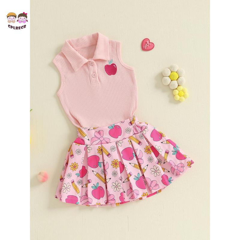 Kids Girl Back to School Outfit Apple Embroidery Lapel Tank Tops and Pleated Skirt Set for Toddler Summer Clothes