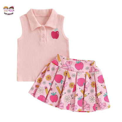 Kids Girl Back to School Outfit Apple Embroidery Lapel Tank Tops and Pleated Skirt Set for Toddler Summer Clothes