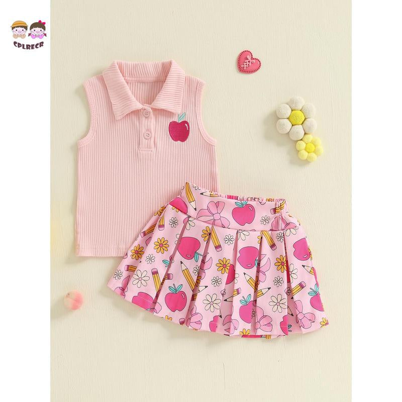 Kids Girl Back to School Outfit Apple Embroidery Lapel Tank Tops and Pleated Skirt Set for Toddler Summer Clothes