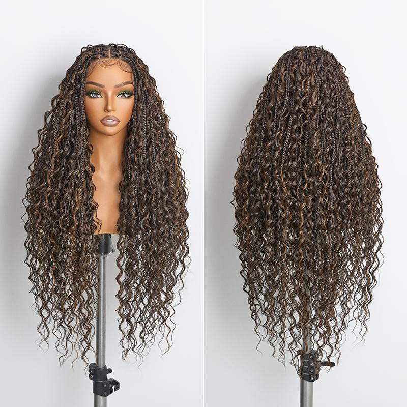 Frodio Veralux™ Fiber 30" Full Lace Boho Braid Synthetic Box Braid Wig – Grid-Part Top with Mixed Boho Curls