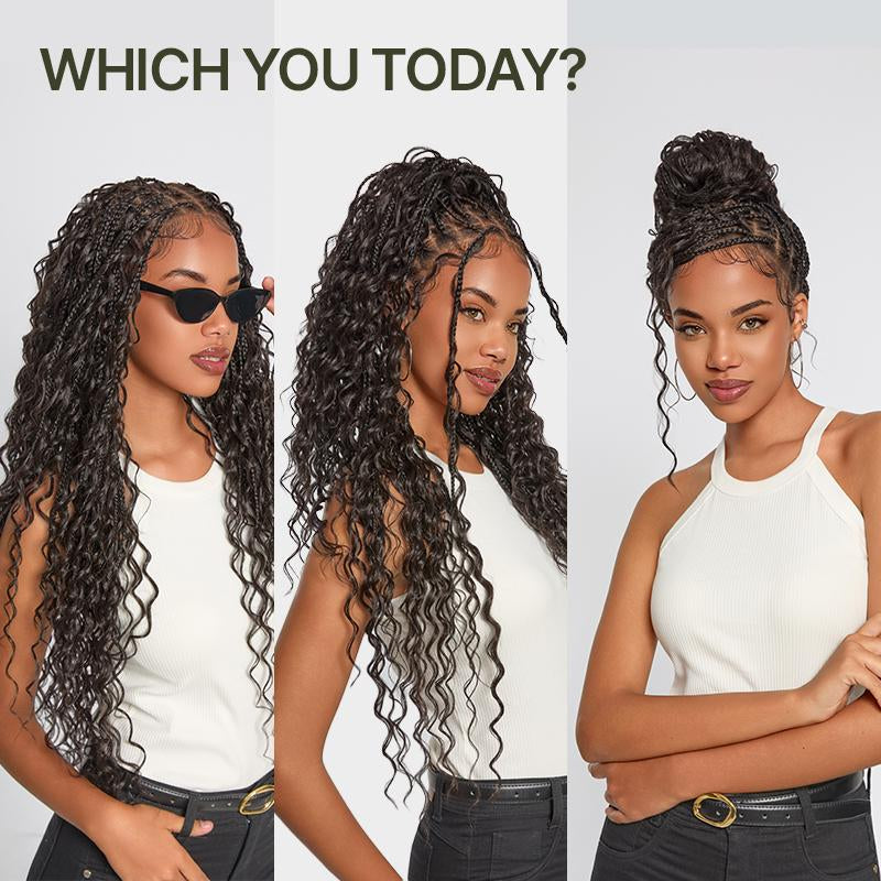 Frodio Veralux™ Fiber 30" Full Lace Boho Braid Synthetic Box Braid Wig – Grid-Part Top with Mixed Boho Curls