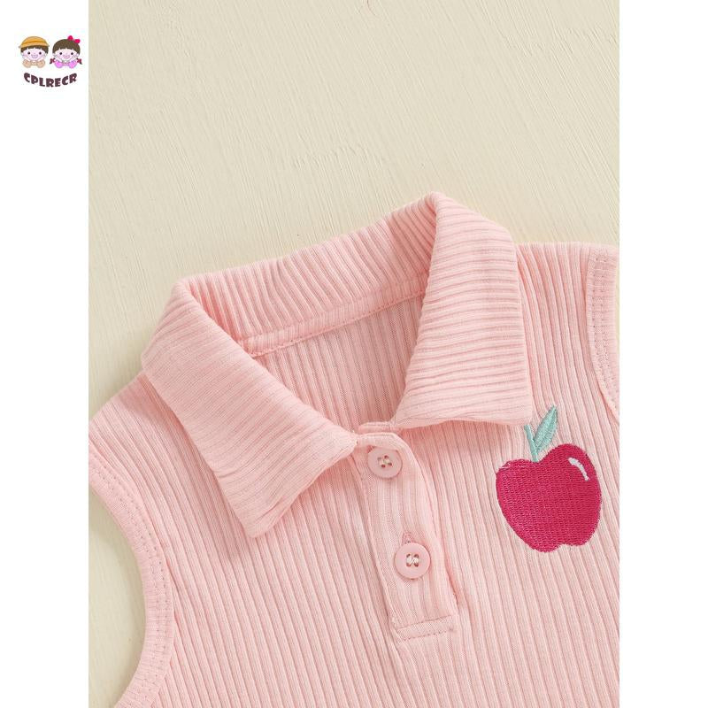 Kids Girl Back to School Outfit Apple Embroidery Lapel Tank Tops and Pleated Skirt Set for Toddler Summer Clothes