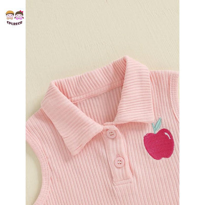 Kids Girl Back to School Outfit Apple Embroidery Lapel Tank Tops and Pleated Skirt Set for Toddler Summer Clothes