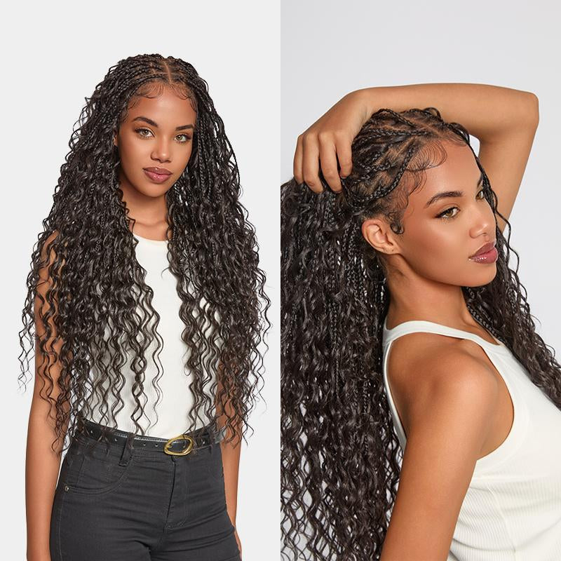 Frodio Veralux™ Fiber 30" Full Lace Boho Braid Synthetic Box Braid Wig – Grid-Part Top with Mixed Boho Curls